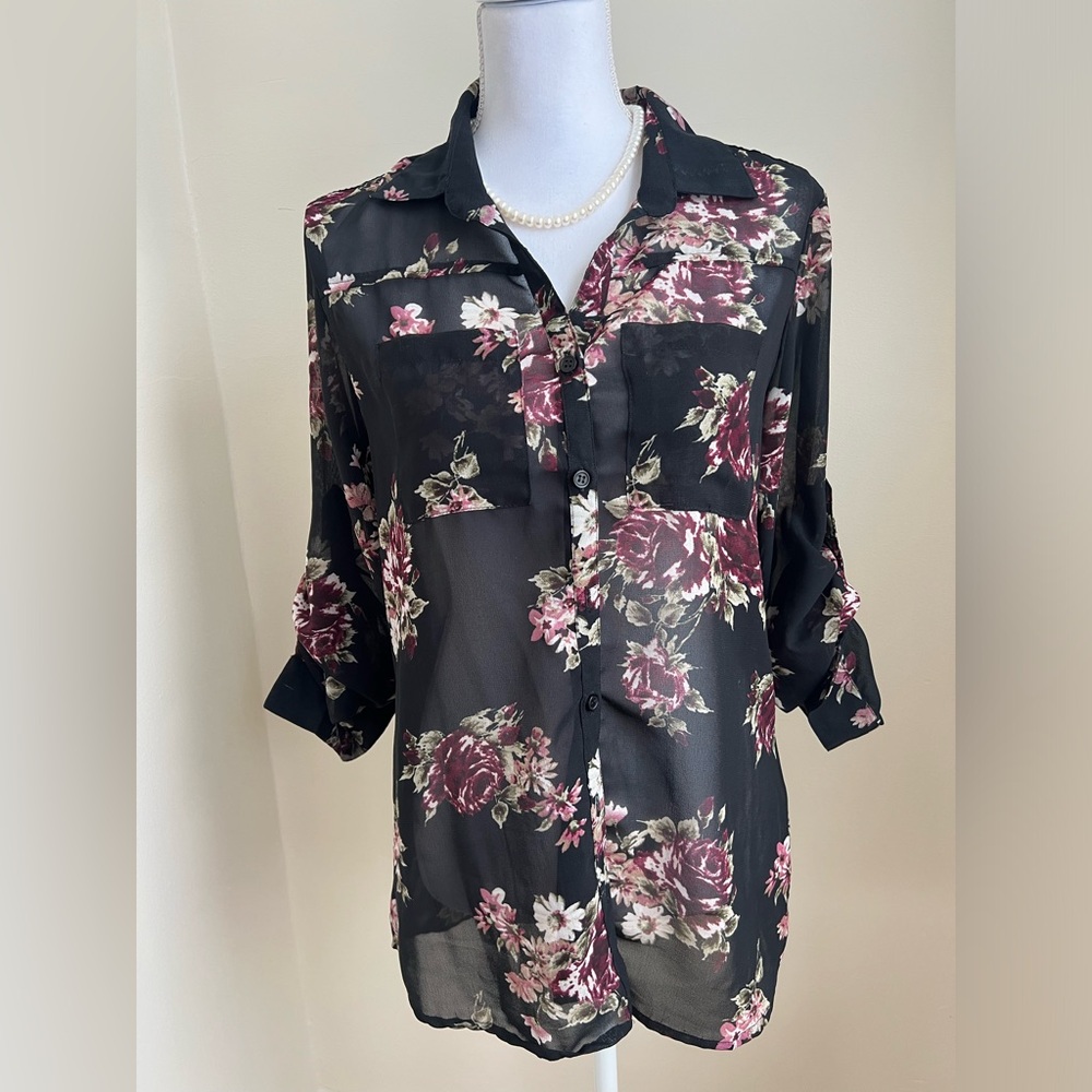 Simons Black Floral Sheer Button Down Shirt